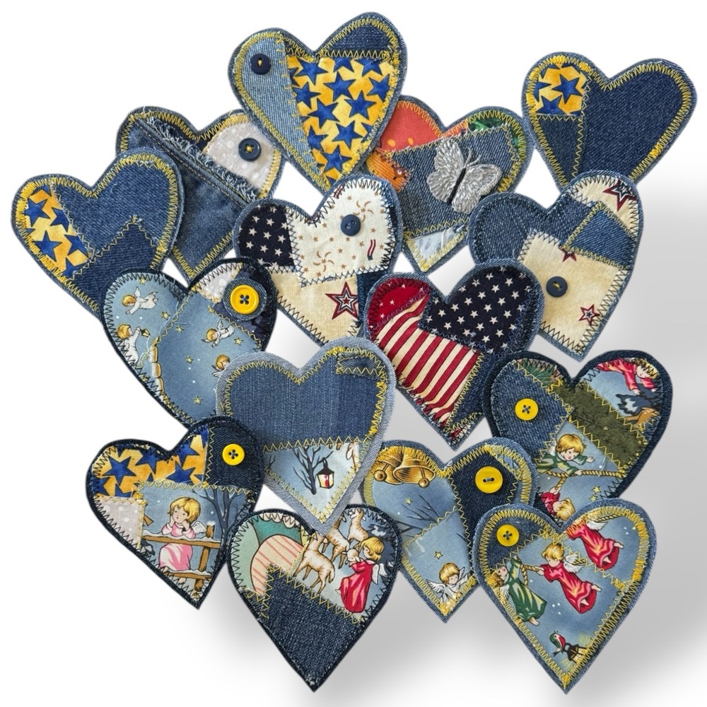 Handmade Heart Patches – Denim & Cotton Appliqué – One-of-a-Kind 4”x4”